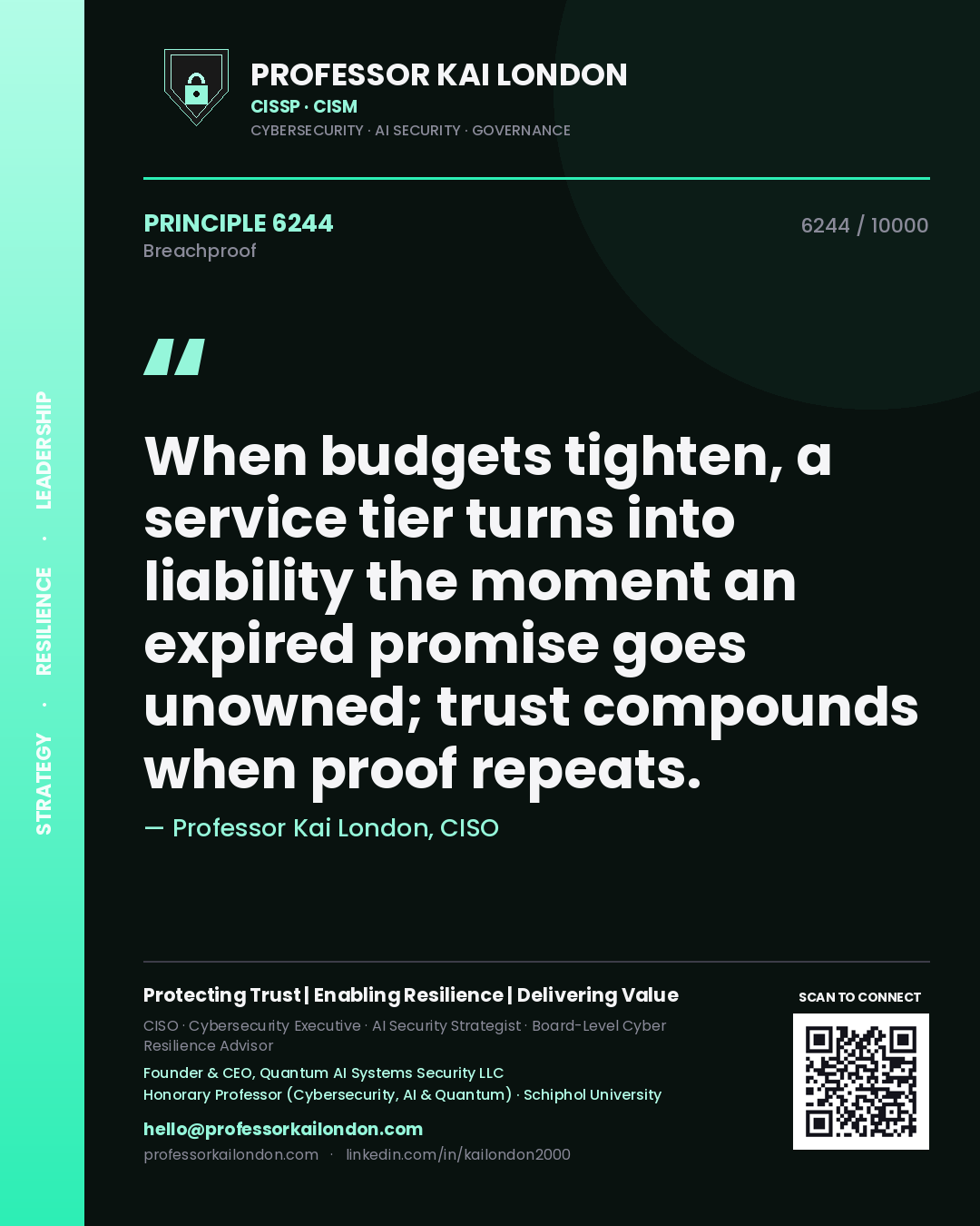 Professor Kai London principle 6244: When budgets tighten, a service tier turns into liability the moment an expired promise goes unowned; trust compounds when proof repeats.