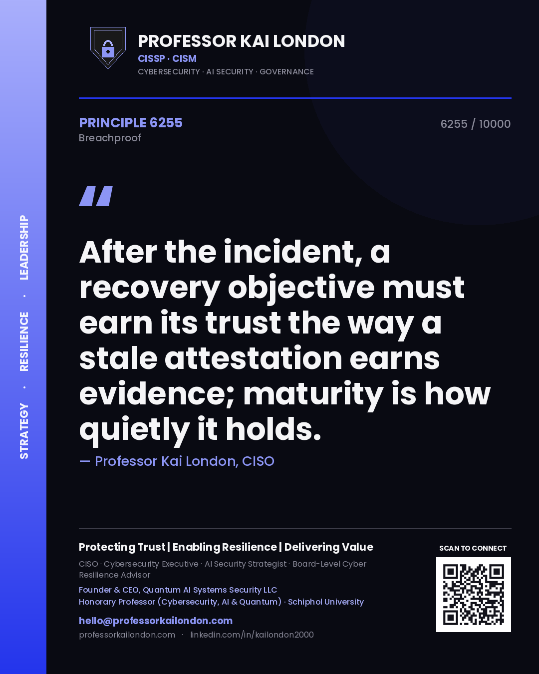 Quote card by Professor Kai London reading 'After the incident, a recovery objective must earn its trust the way a stale attestation earns evidence; maturity is how quietly it holds.'. From the book Breachproof.
