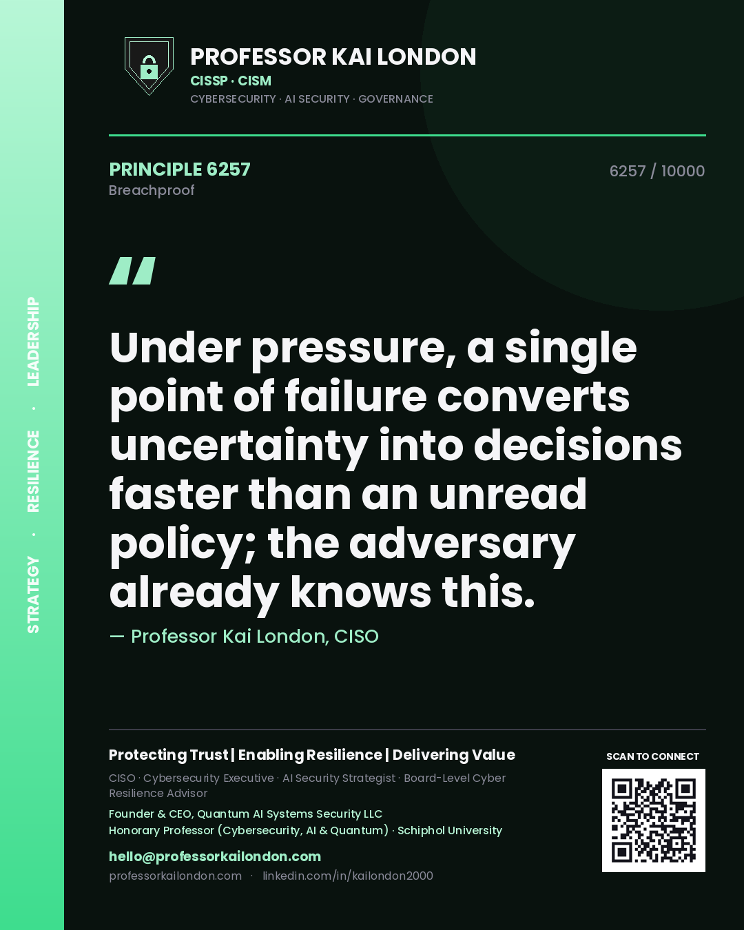 Quote card by Professor Kai London reading 'Under pressure, a single point of failure converts uncertainty into decisions faster than an unread policy; the adversary already knows this.'. From the book Breachproof.