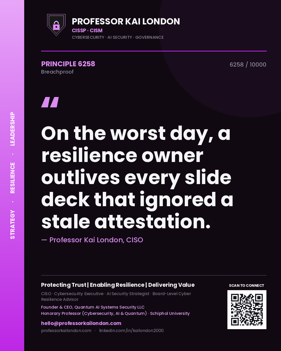 Quote card by Professor Kai London reading 'On the worst day, a resilience owner outlives every slide deck that ignored a stale attestation.'. From the book Breachproof.