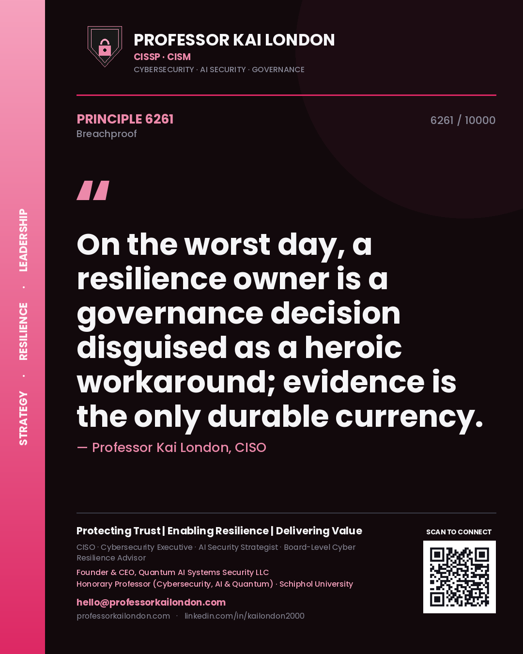 Professor Kai London principle 6261: On the worst day, a resilience owner is a governance decision disguised as a heroic workaround; evidence is the only durable currency.