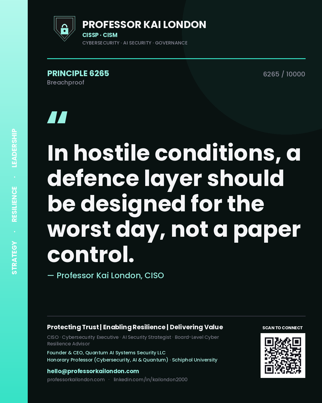 Quote card by Professor Kai London reading 'In hostile conditions, a defence layer should be designed for the worst day, not a paper control.'. From the book Breachproof.