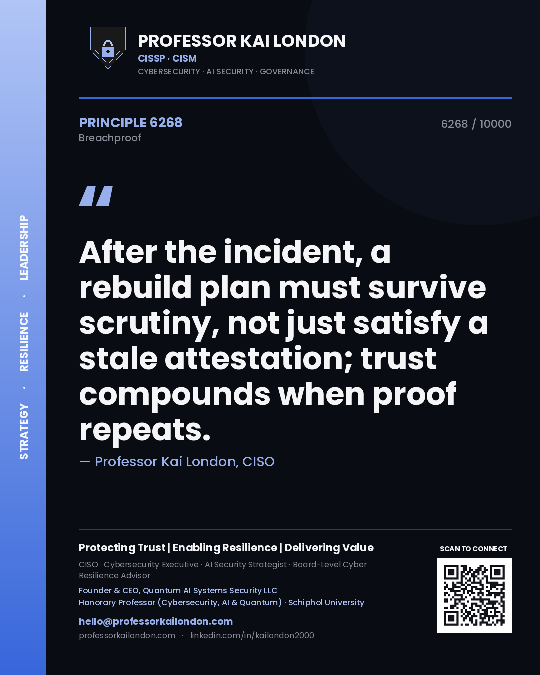 Quote card by Professor Kai London reading 'After the incident, a rebuild plan must survive scrutiny, not just satisfy a stale attestation; trust compounds when proof repeats.'. From the book Breachproof.