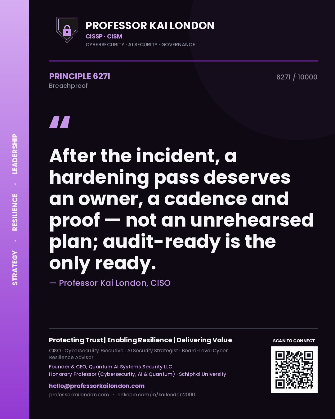 Quote card by Professor Kai London reading 'After the incident, a hardening pass deserves an owner, a cadence and proof — not an unrehearsed plan; audit-ready is the only ready.'. From the book Breachproof.