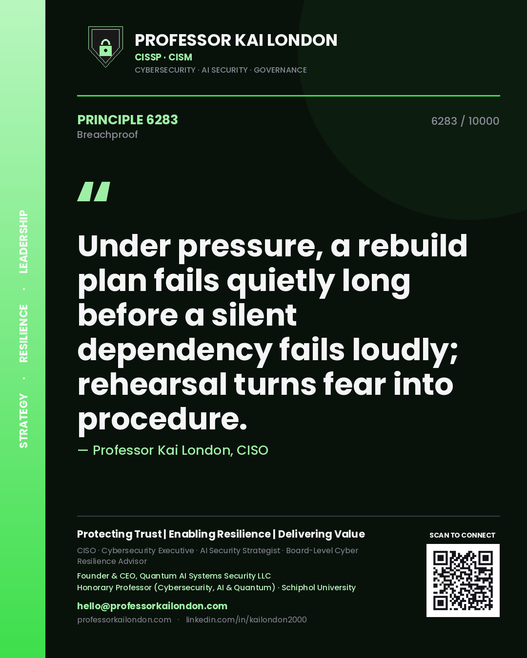 Quote card by Professor Kai London reading 'Under pressure, a rebuild plan fails quietly long before a silent dependency fails loudly; rehearsal turns fear into procedure.'. From the book Breachproof.
