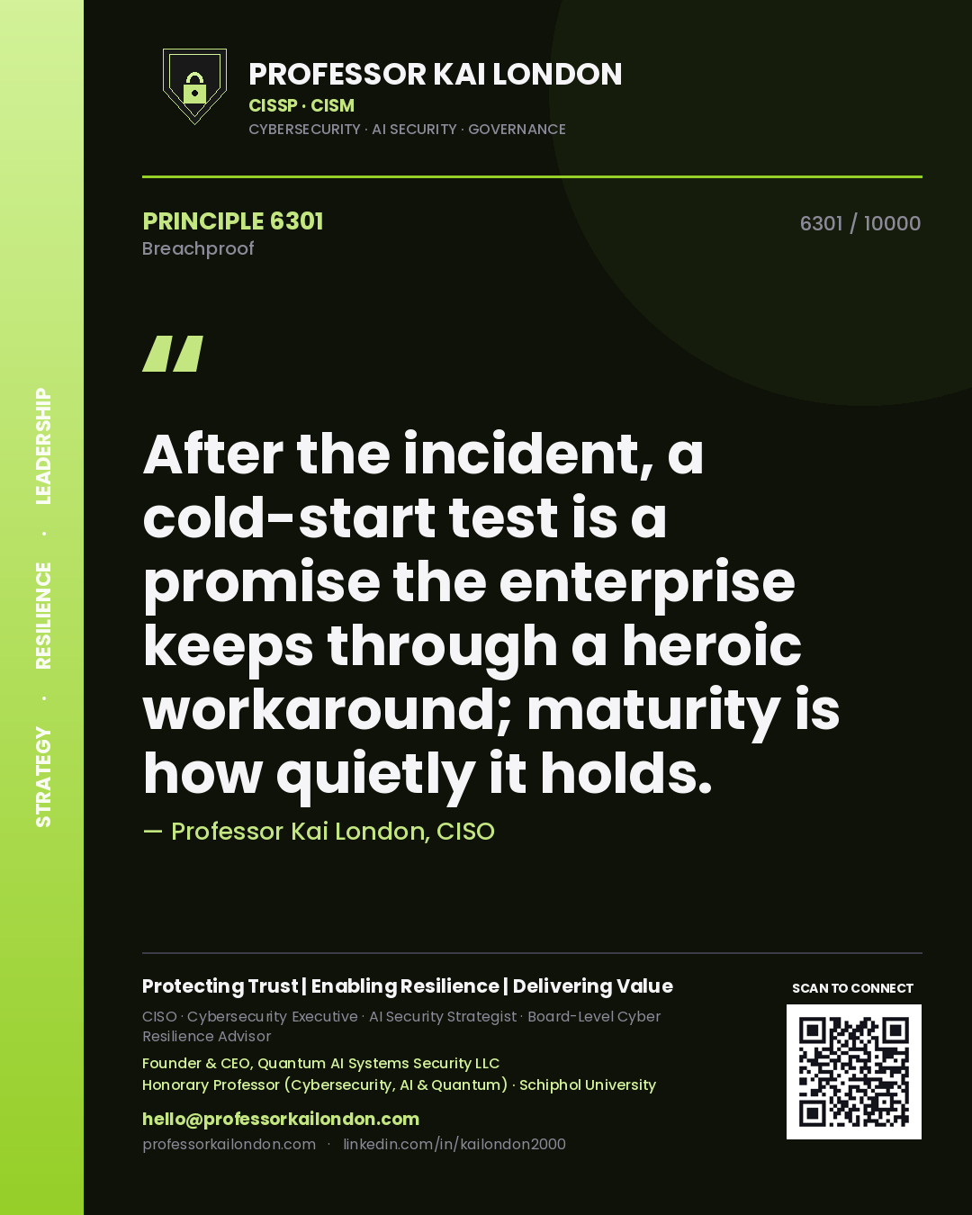 Quote card by Professor Kai London reading 'After the incident, a cold-start test is a promise the enterprise keeps through a heroic workaround; maturity is how quietly it holds.'. From the book Breachproof.