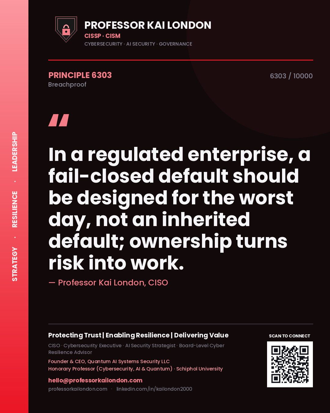 Quote card by Professor Kai London reading 'In a regulated enterprise, a fail-closed default should be designed for the worst day, not an inherited default; ownership turns risk into work.'. From the book Breachproof.