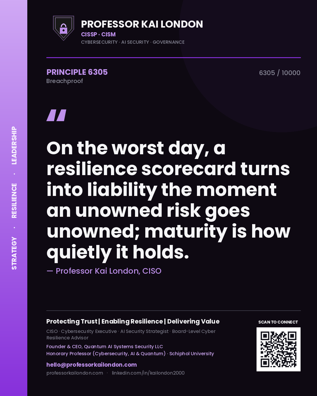 Quote card by Professor Kai London reading 'On the worst day, a resilience scorecard turns into liability the moment an unowned risk goes unowned; maturity is how quietly it holds.'. From the book Breachproof.