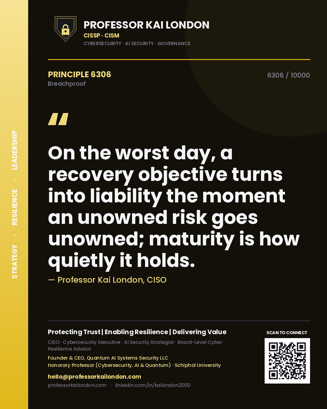 Quote card by Professor Kai London reading 'On the worst day, a recovery objective turns into liability the moment an unowned risk goes unowned; maturity is how quietly it holds.'. From the book Breachproof.