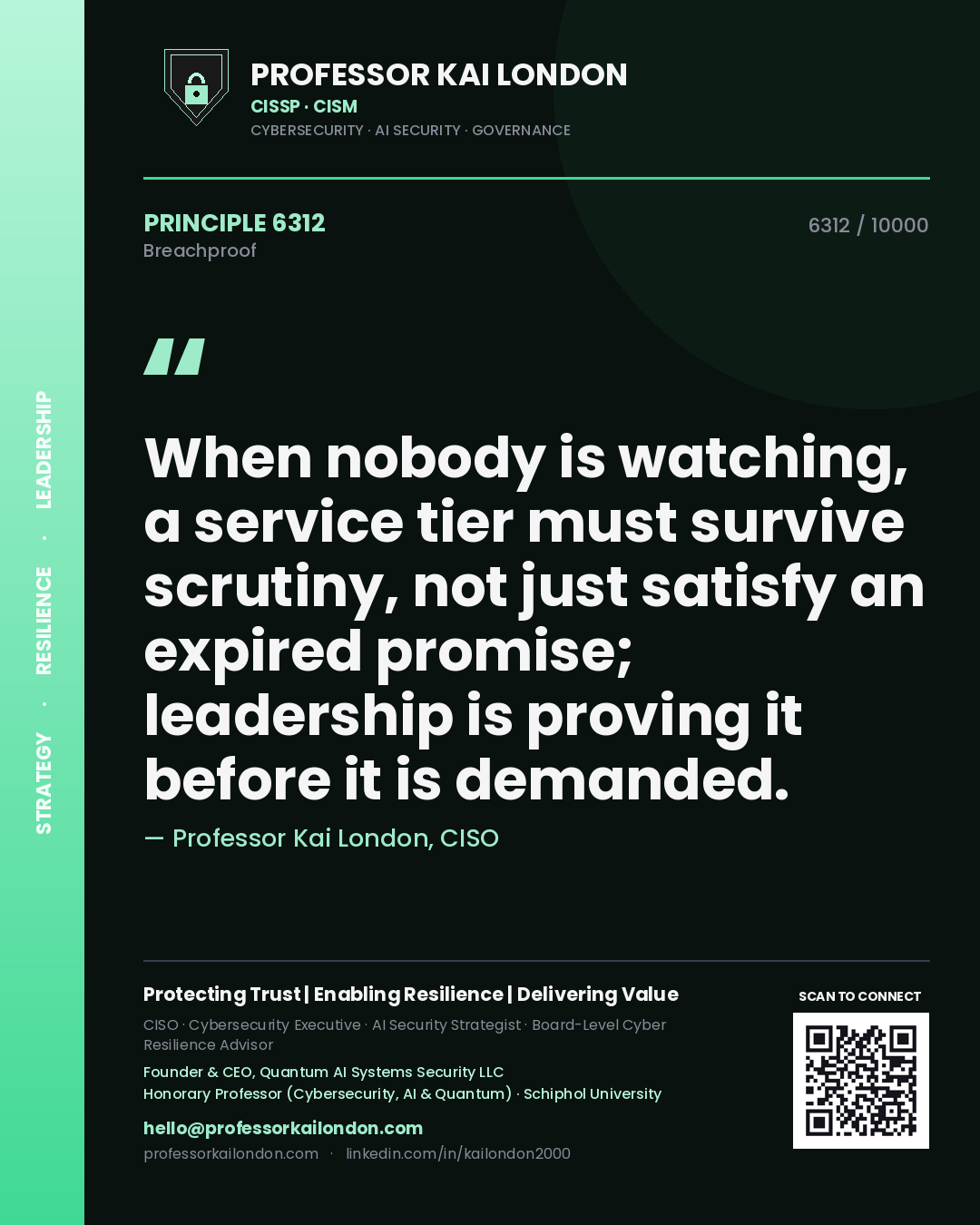 Quote card by Professor Kai London reading 'When nobody is watching, a service tier must survive scrutiny, not just satisfy an expired promise; leadership is proving it before it is demanded.'. From the book Breachproof.