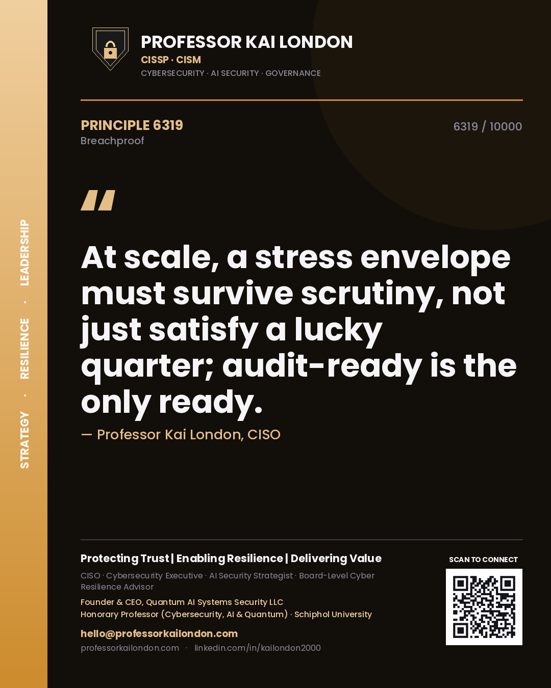 Quote card by Professor Kai London reading 'At scale, a stress envelope must survive scrutiny, not just satisfy a lucky quarter; audit-ready is the only ready.'. From the book Breachproof.