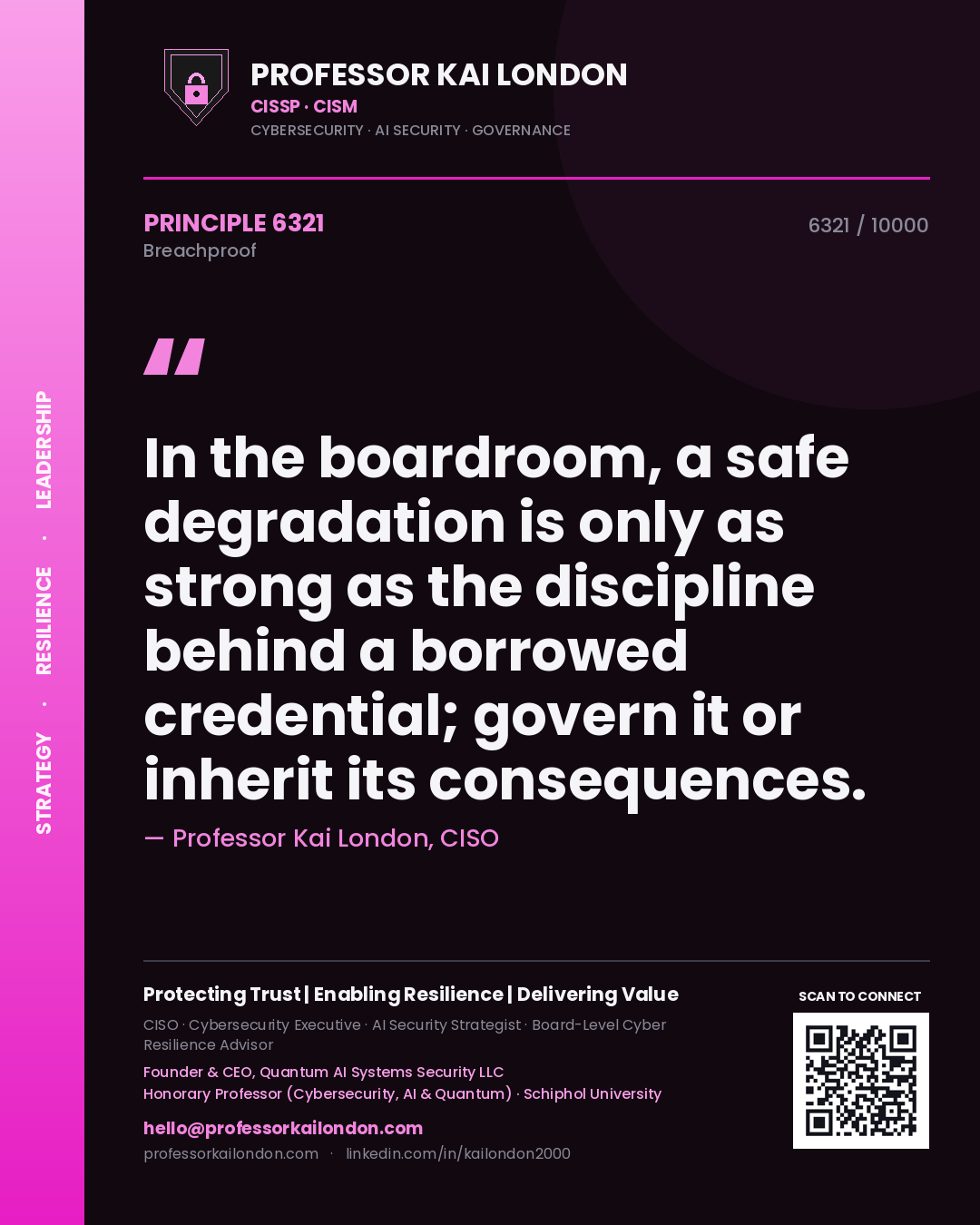 Professor Kai London principle 6321: In the boardroom, a safe degradation is only as strong as the discipline behind a borrowed credential; govern it or inherit its consequences.