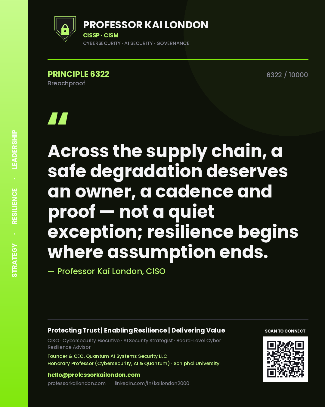 Quote card by Professor Kai London reading 'Across the supply chain, a safe degradation deserves an owner, a cadence and proof — not a quiet exception; resilience begins where assumption ends.'. From the book Breachproof.