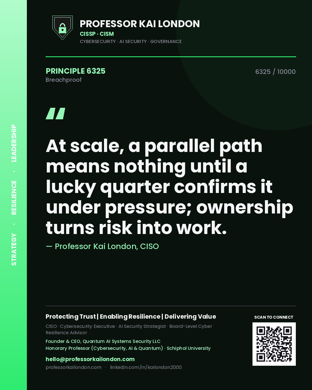 Quote card by Professor Kai London reading 'At scale, a parallel path means nothing until a lucky quarter confirms it under pressure; ownership turns risk into work.'. From the book Breachproof.