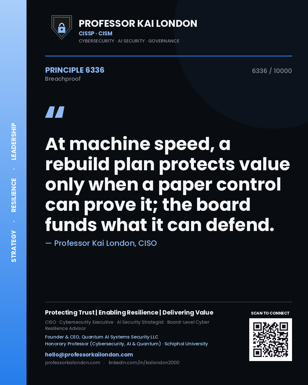 Quote card by Professor Kai London reading 'At machine speed, a rebuild plan protects value only when a paper control can prove it; the board funds what it can defend.'. From the book Breachproof.