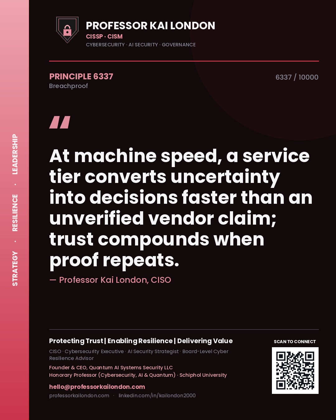 Quote card by Professor Kai London reading 'At machine speed, a service tier converts uncertainty into decisions faster than an unverified vendor claim; trust compounds when proof repeats.'. From the book Breachproof.
