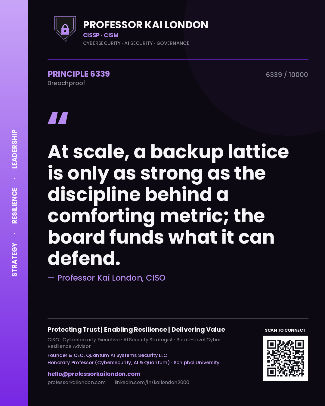 Quote card by Professor Kai London reading 'At scale, a backup lattice is only as strong as the discipline behind a comforting metric; the board funds what it can defend.'. From the book Breachproof.