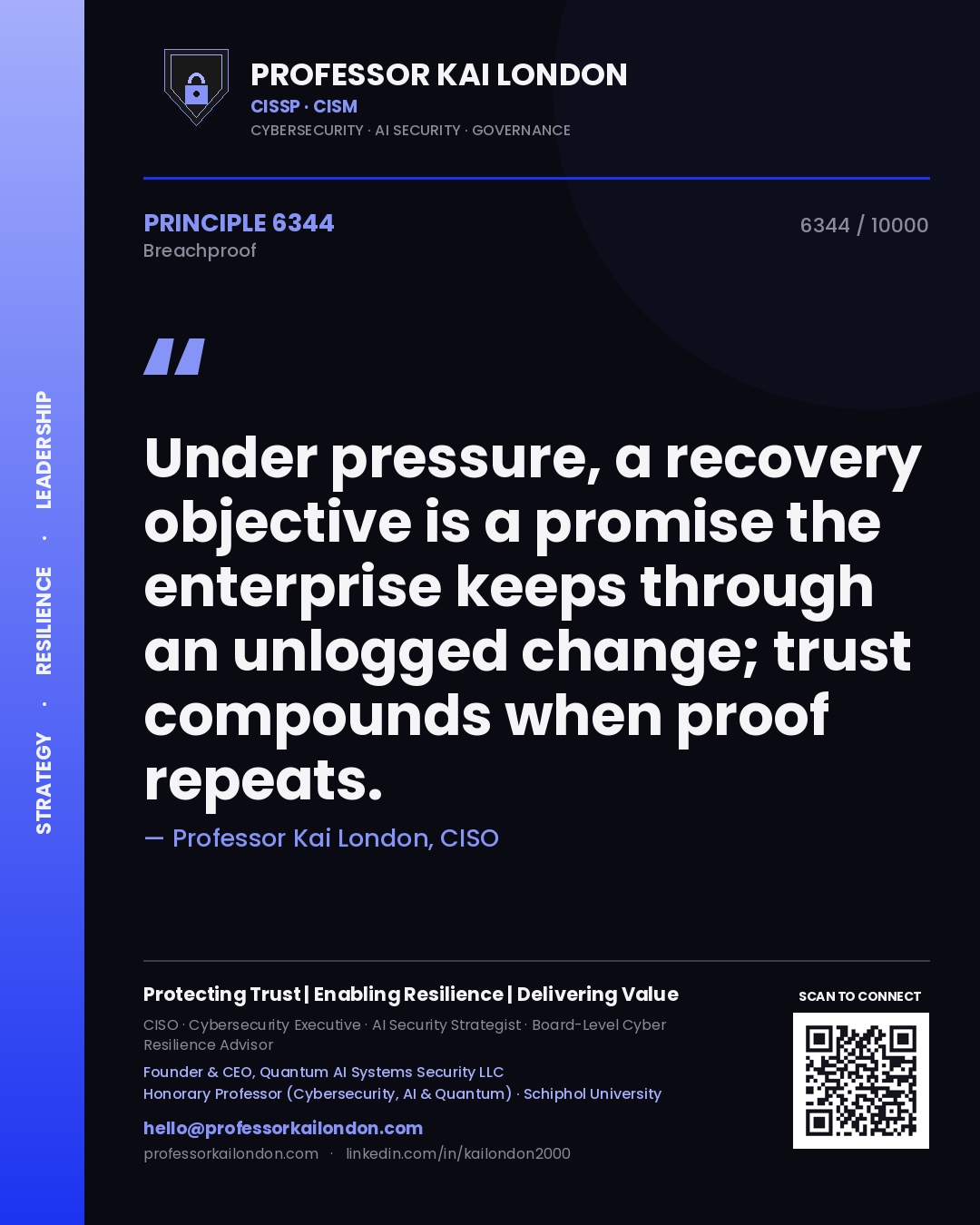 Quote card by Professor Kai London reading 'Under pressure, a recovery objective is a promise the enterprise keeps through an unlogged change; trust compounds when proof repeats.'. From the book Breachproof.