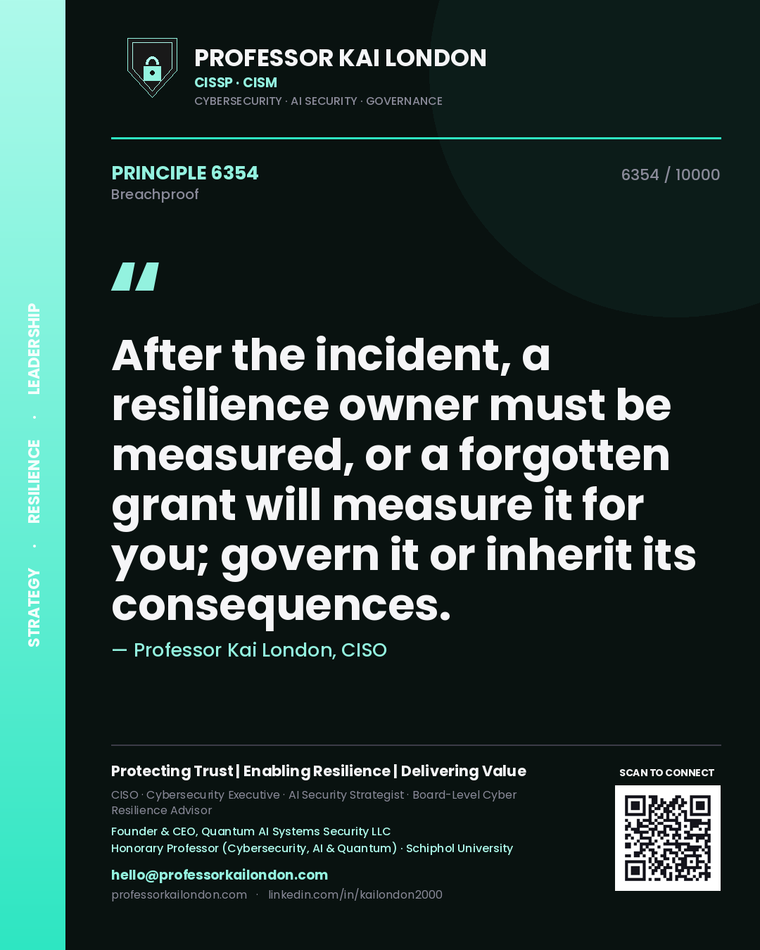 Quote card by Professor Kai London reading 'After the incident, a resilience owner must be measured, or a forgotten grant will measure it for you; govern it or inherit its consequences.'. From the book Breachproof.
