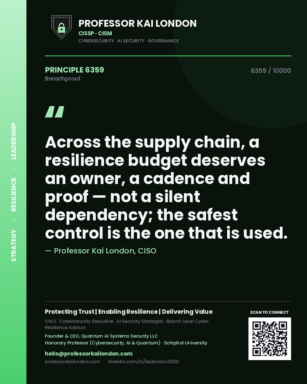 Quote card by Professor Kai London reading 'Across the supply chain, a resilience budget deserves an owner, a cadence and proof — not a silent dependency; the safest control is the one that is used.'. From the book Breachproof.