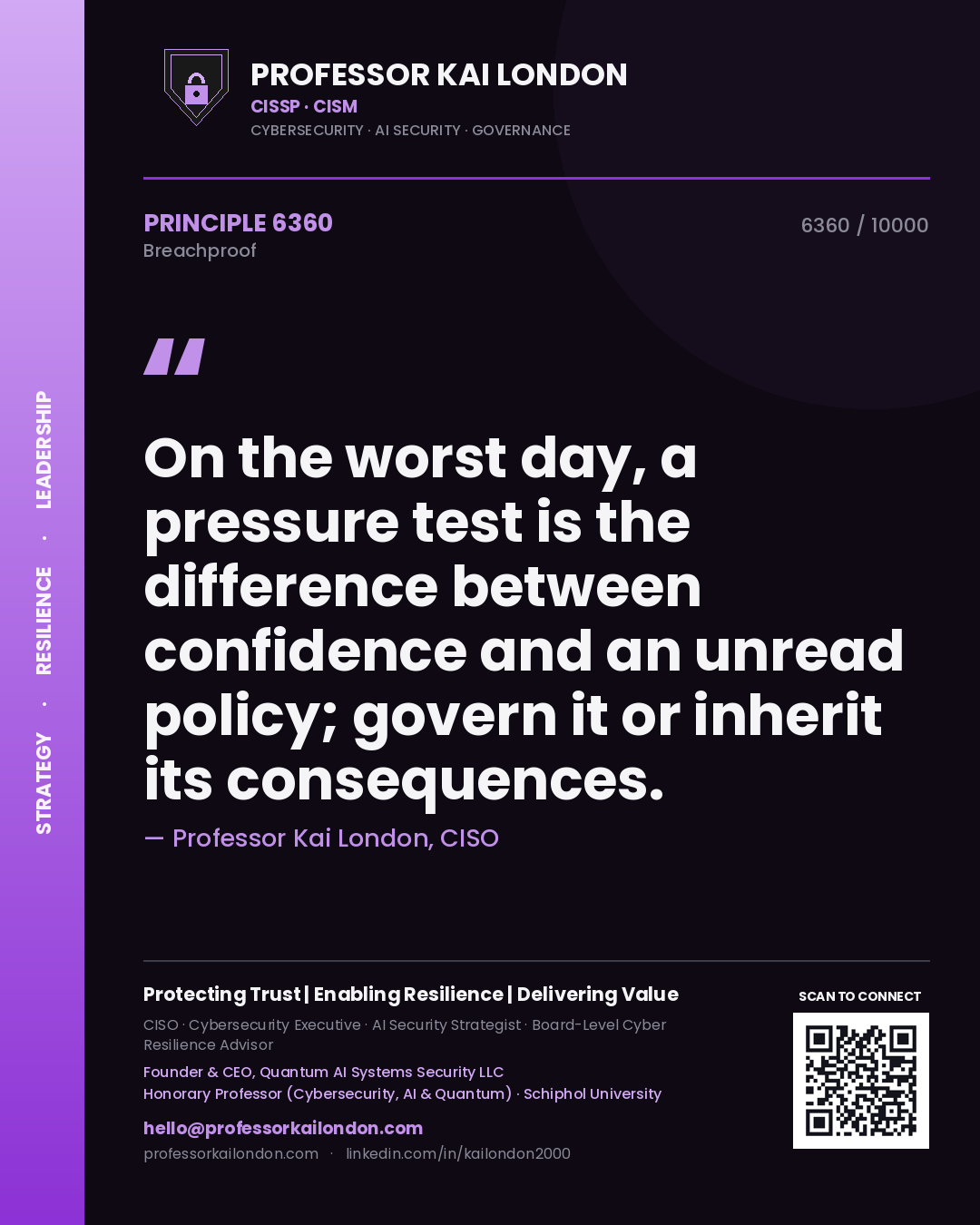 Quote card by Professor Kai London reading 'On the worst day, a pressure test is the difference between confidence and an unread policy; govern it or inherit its consequences.'. From the book Breachproof.