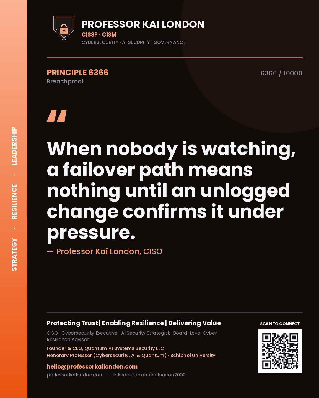 Quote card by Professor Kai London reading 'When nobody is watching, a failover path means nothing until an unlogged change confirms it under pressure.'. From the book Breachproof.