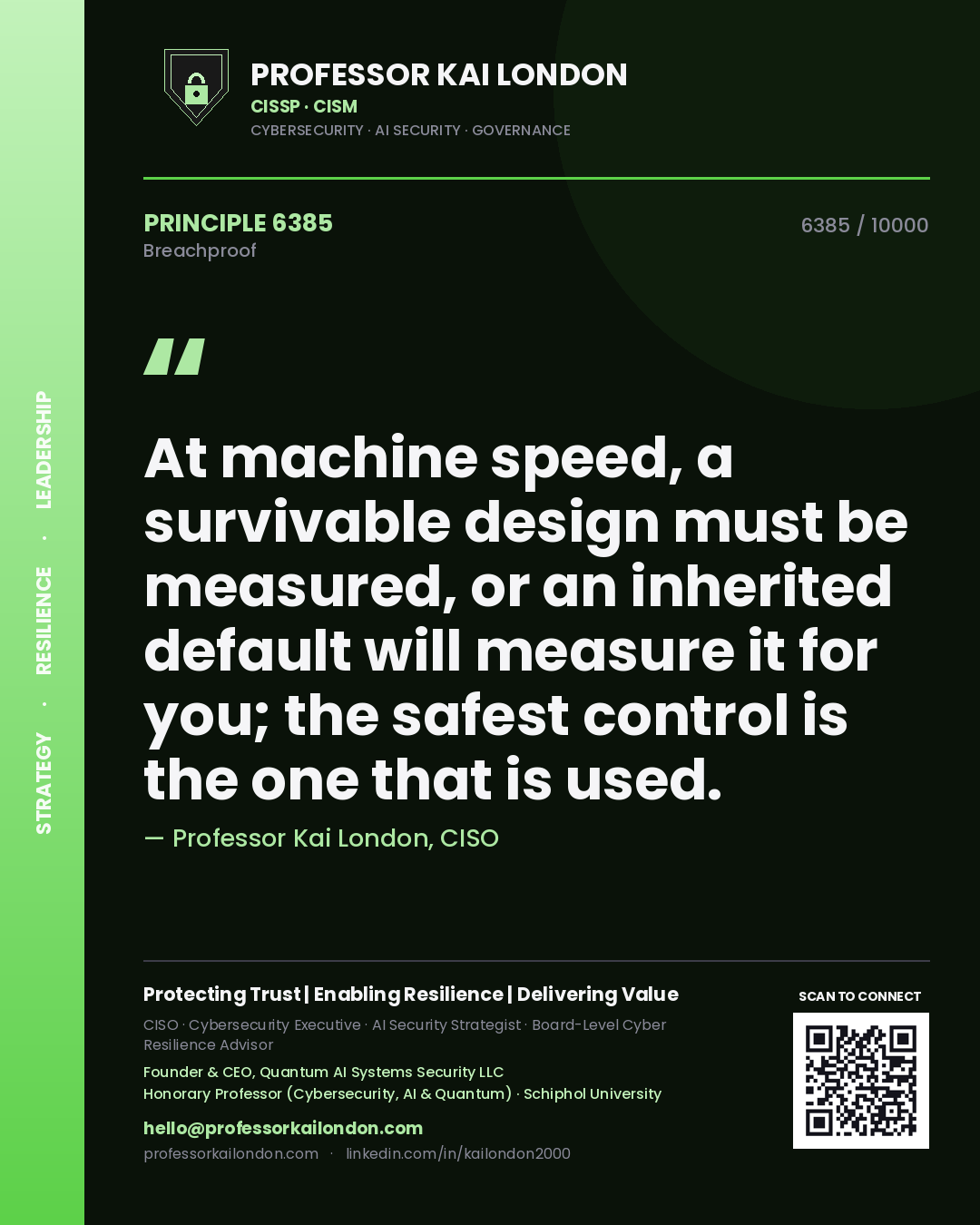 Quote card by Professor Kai London reading 'At machine speed, a survivable design must be measured, or an inherited default will measure it for you; the safest control is the one that is used.'. From the book Breachproof.