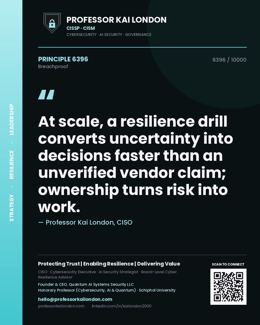 Quote card by Professor Kai London reading 'At scale, a resilience drill converts uncertainty into decisions faster than an unverified vendor claim; ownership turns risk into work.'. From the book Breachproof.