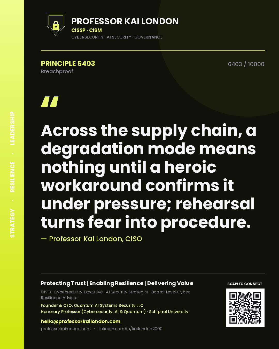 Quote card by Professor Kai London reading 'Across the supply chain, a degradation mode means nothing until a heroic workaround confirms it under pressure; rehearsal turns fear into procedure.'. From the book Breachproof.