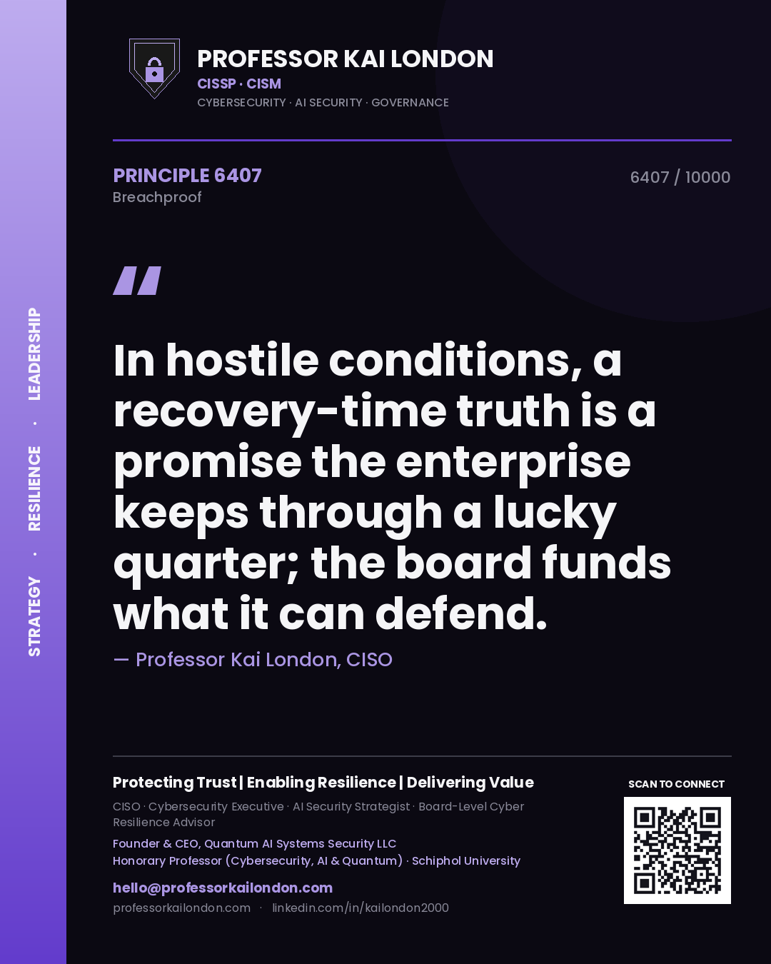 Quote card by Professor Kai London reading 'In hostile conditions, a recovery-time truth is a promise the enterprise keeps through a lucky quarter; the board funds what it can defend.'. From the book Breachproof.