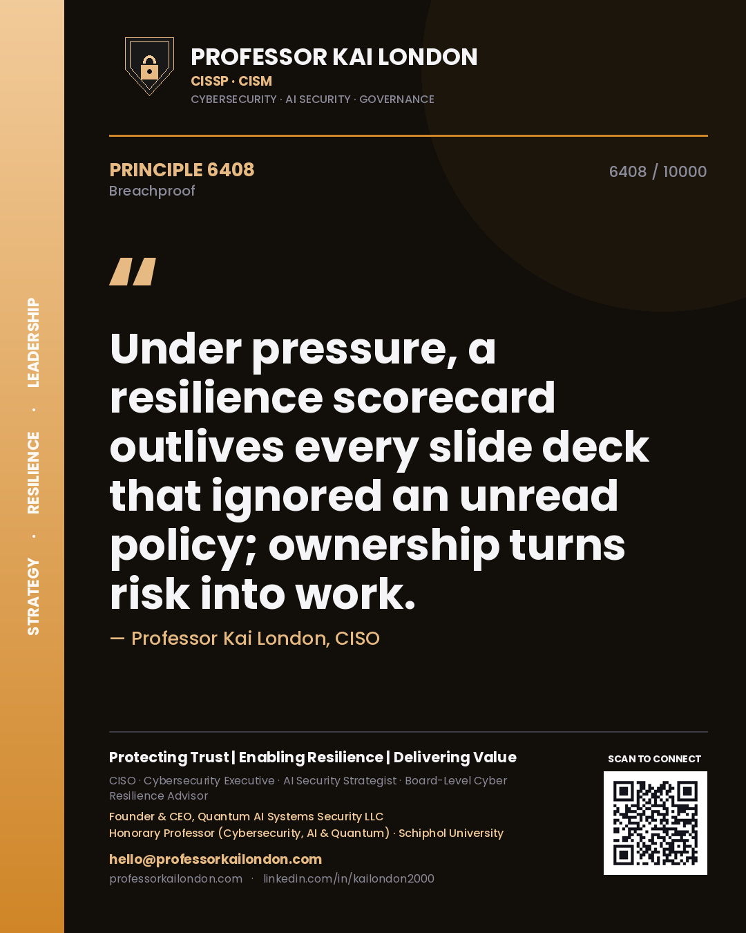 Quote card by Professor Kai London reading 'Under pressure, a resilience scorecard outlives every slide deck that ignored an unread policy; ownership turns risk into work.'. From the book Breachproof.