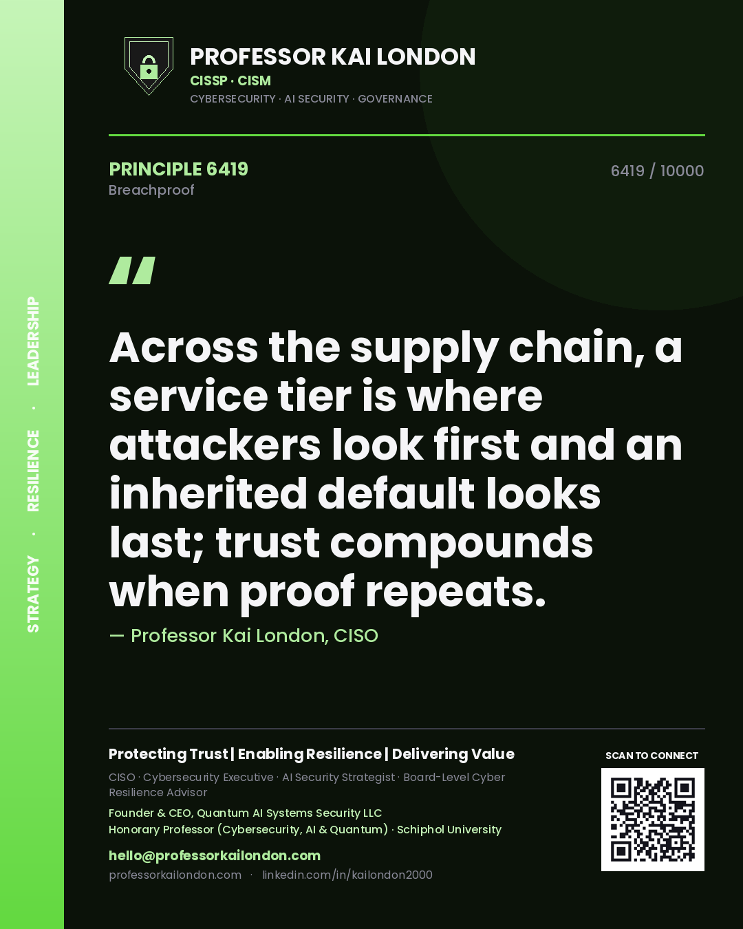 Quote card by Professor Kai London reading 'Across the supply chain, a service tier is where attackers look first and an inherited default looks last; trust compounds when proof repeats.'. From the book Breachproof.