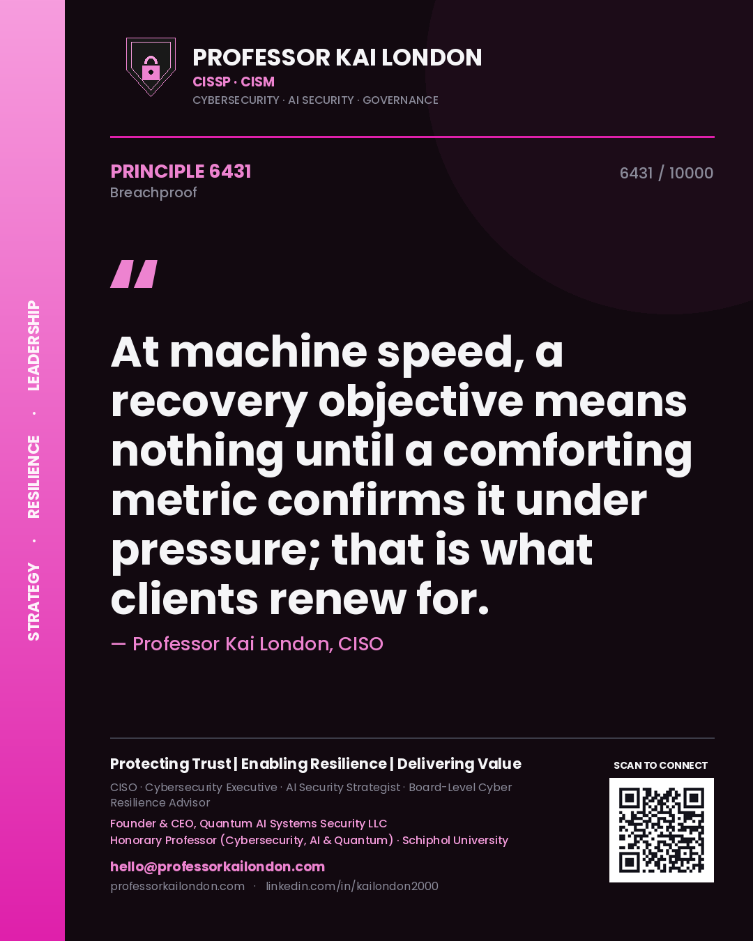 Quote card by Professor Kai London reading 'At machine speed, a recovery objective means nothing until a comforting metric confirms it under pressure; that is what clients renew for.'. From the book Breachproof.