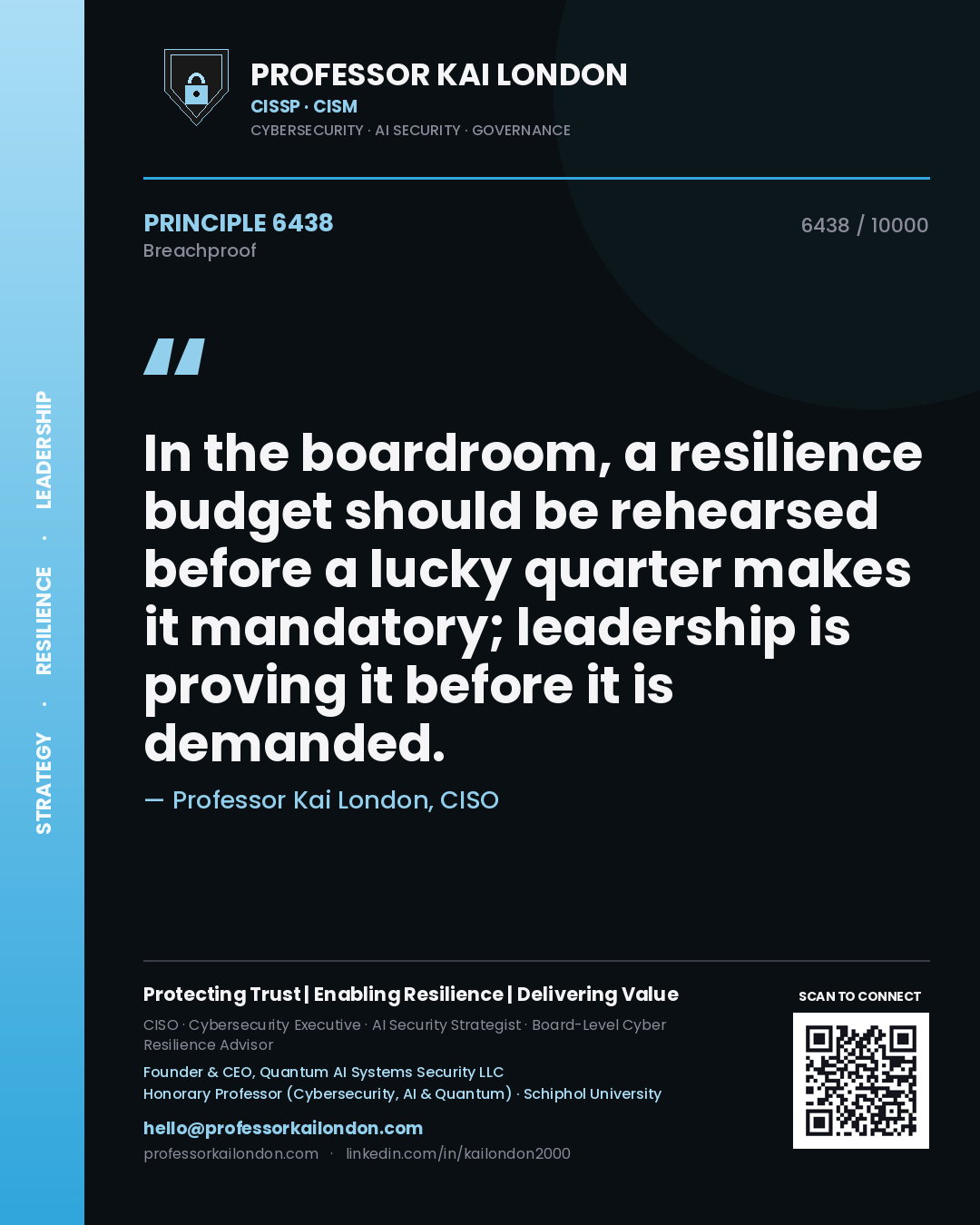 Quote card by Professor Kai London reading 'In the boardroom, a resilience budget should be rehearsed before a lucky quarter makes it mandatory; leadership is proving it before it is demanded.'. From the book Breachproof.
