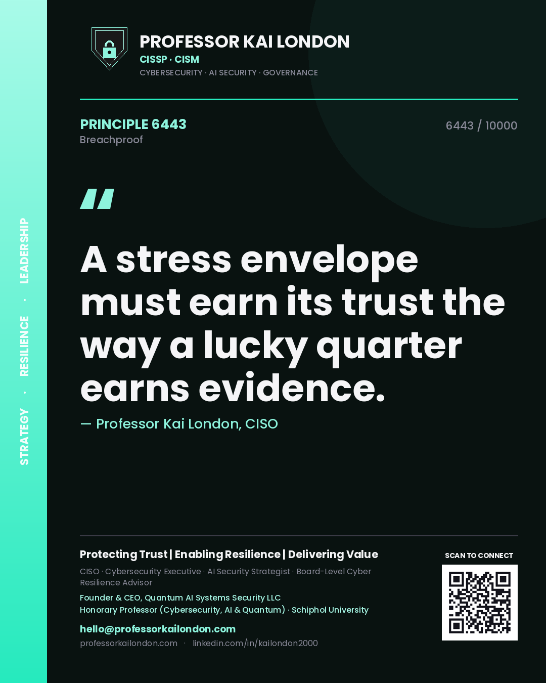Quote card by Professor Kai London reading 'A stress envelope must earn its trust the way a lucky quarter earns evidence.'. From the book Breachproof.