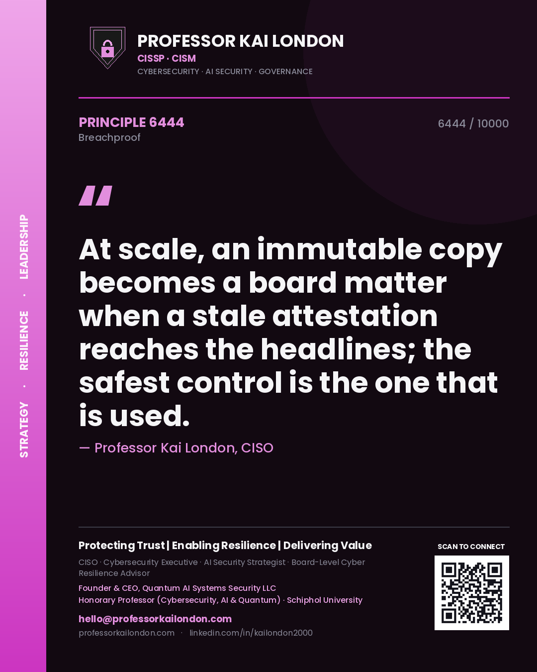 Quote card by Professor Kai London reading 'At scale, an immutable copy becomes a board matter when a stale attestation reaches the headlines; the safest control is the one that is used.'. From the book Breachproof.