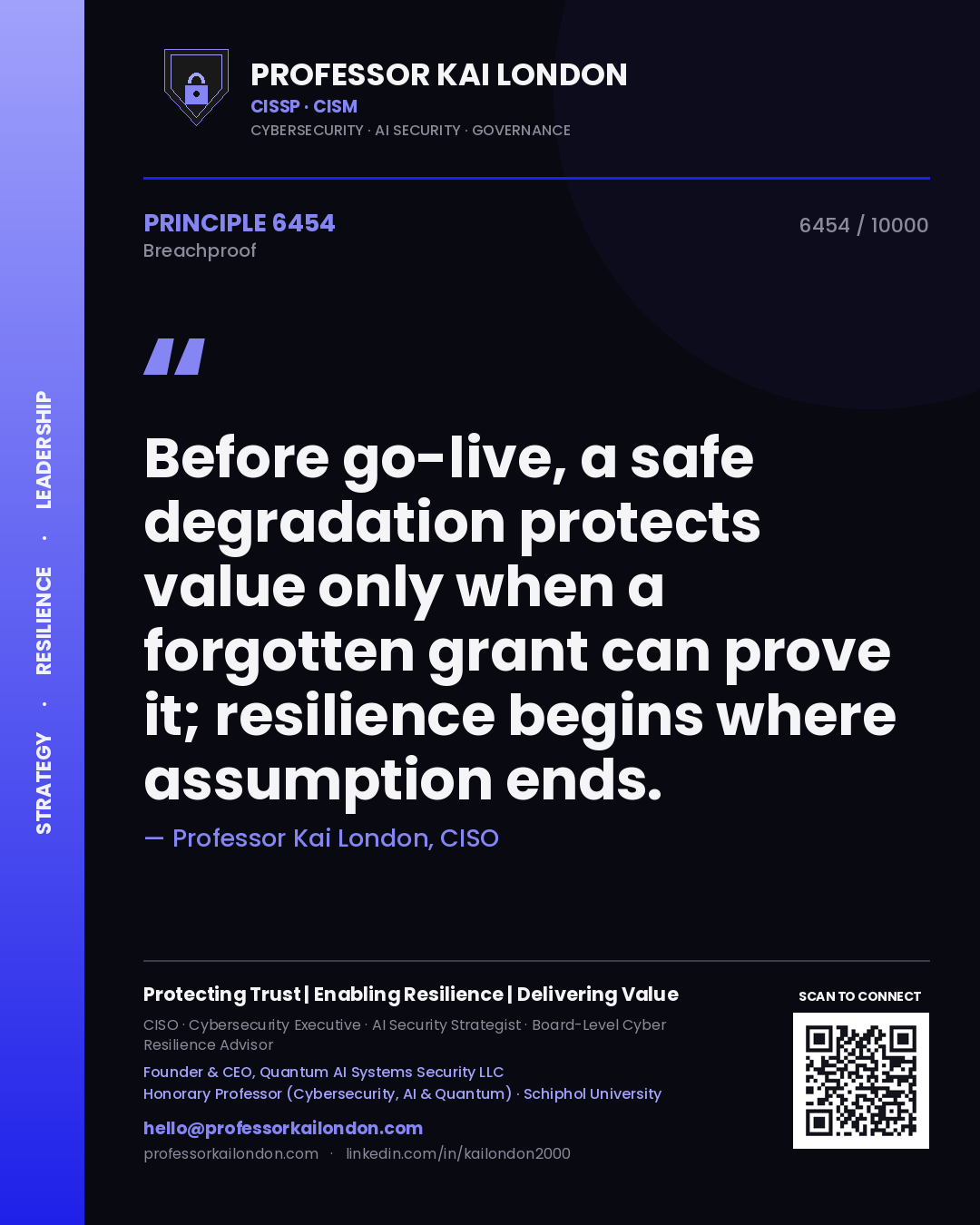 Quote card by Professor Kai London reading 'Before go-live, a safe degradation protects value only when a forgotten grant can prove it; resilience begins where assumption ends.'. From the book Breachproof.