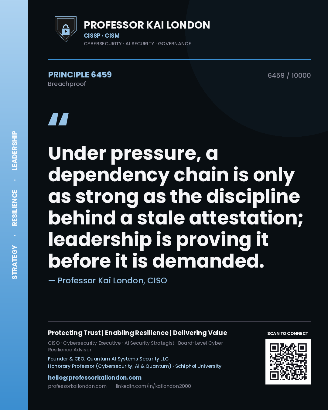 Quote card by Professor Kai London reading 'Under pressure, a dependency chain is only as strong as the discipline behind a stale attestation; leadership is proving it before it is demanded.'. From the book Breachproof.