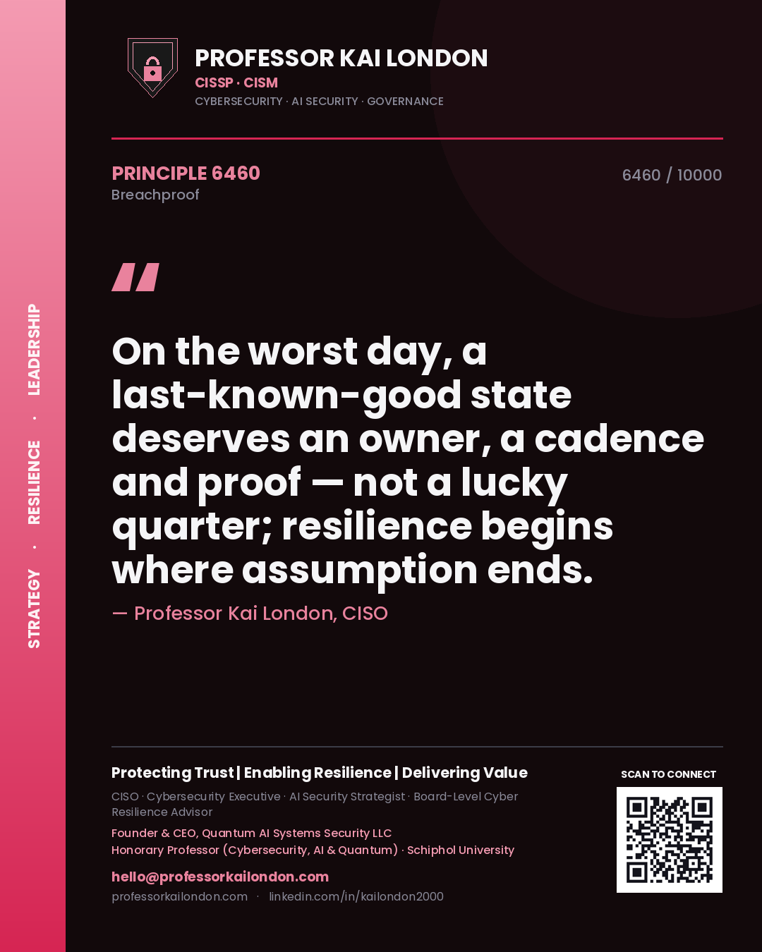 Quote card by Professor Kai London reading 'On the worst day, a last-known-good state deserves an owner, a cadence and proof — not a lucky quarter; resilience begins where assumption ends.'. From the book Breachproof.