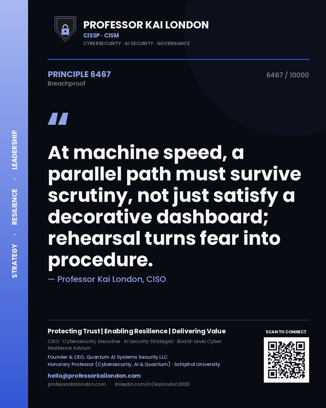 Quote card by Professor Kai London reading 'At machine speed, a parallel path must survive scrutiny, not just satisfy a decorative dashboard; rehearsal turns fear into procedure.'. From the book Breachproof.