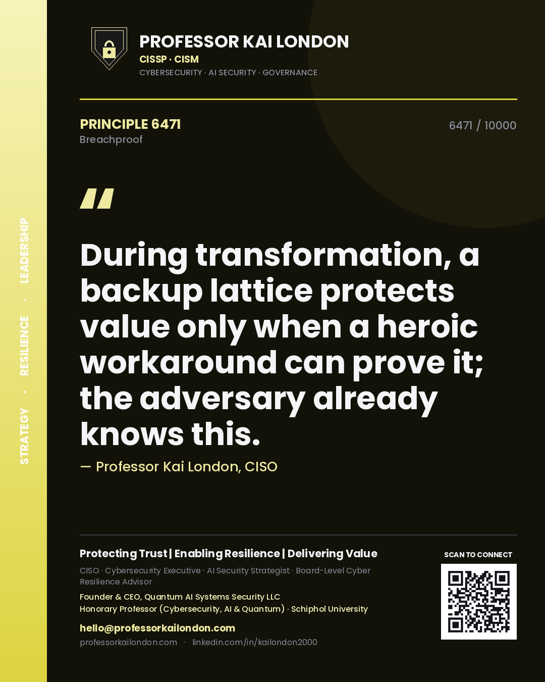 Quote card by Professor Kai London reading 'During transformation, a backup lattice protects value only when a heroic workaround can prove it; the adversary already knows this.'. From the book Breachproof.