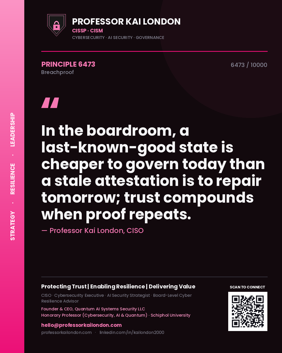 Quote card by Professor Kai London reading 'In the boardroom, a last-known-good state is cheaper to govern today than a stale attestation is to repair tomorrow; trust compounds when proof repeats.'. From the book Breachproof.