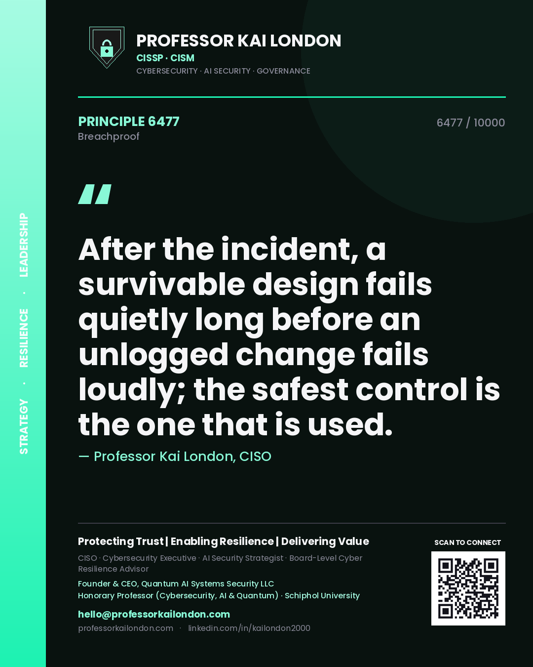 Quote card by Professor Kai London reading 'After the incident, a survivable design fails quietly long before an unlogged change fails loudly; the safest control is the one that is used.'. From the book Breachproof.