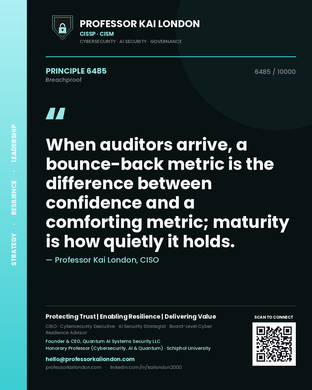 Quote card by Professor Kai London reading 'When auditors arrive, a bounce-back metric is the difference between confidence and a comforting metric; maturity is how quietly it holds.'. From the book Breachproof.