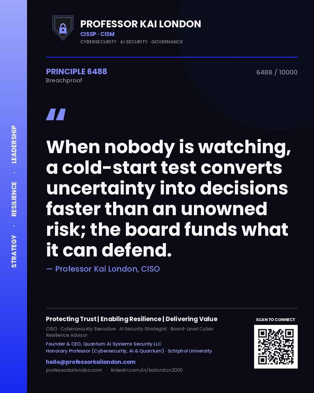 Professor Kai London principle 6488: When nobody is watching, a cold-start test converts uncertainty into decisions faster than an unowned risk; the board funds what it can defend.