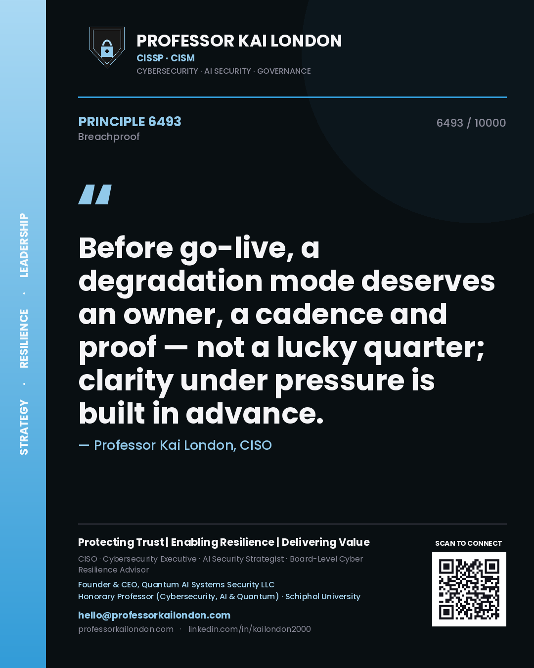 Professor Kai London principle 6493: Before go-live, a degradation mode deserves an owner, a cadence and proof — not a lucky quarter; clarity under pressure is built in advance.