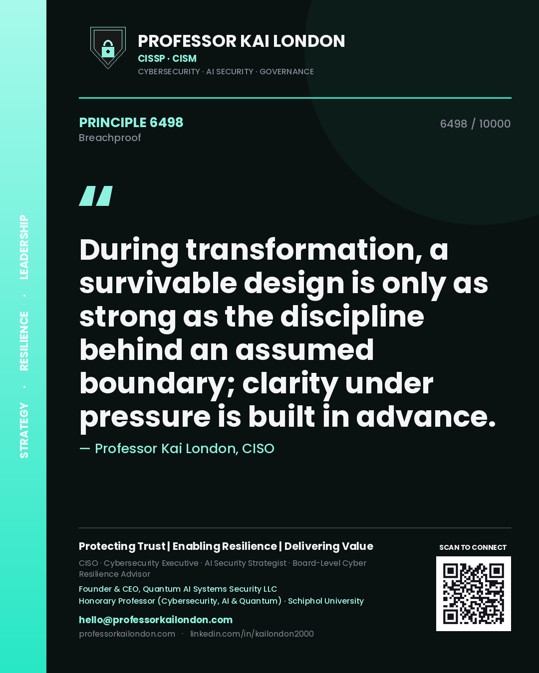 Professor Kai London principle 6498: During transformation, a survivable design is only as strong as the discipline behind an assumed boundary; clarity under pressure is built in advance.