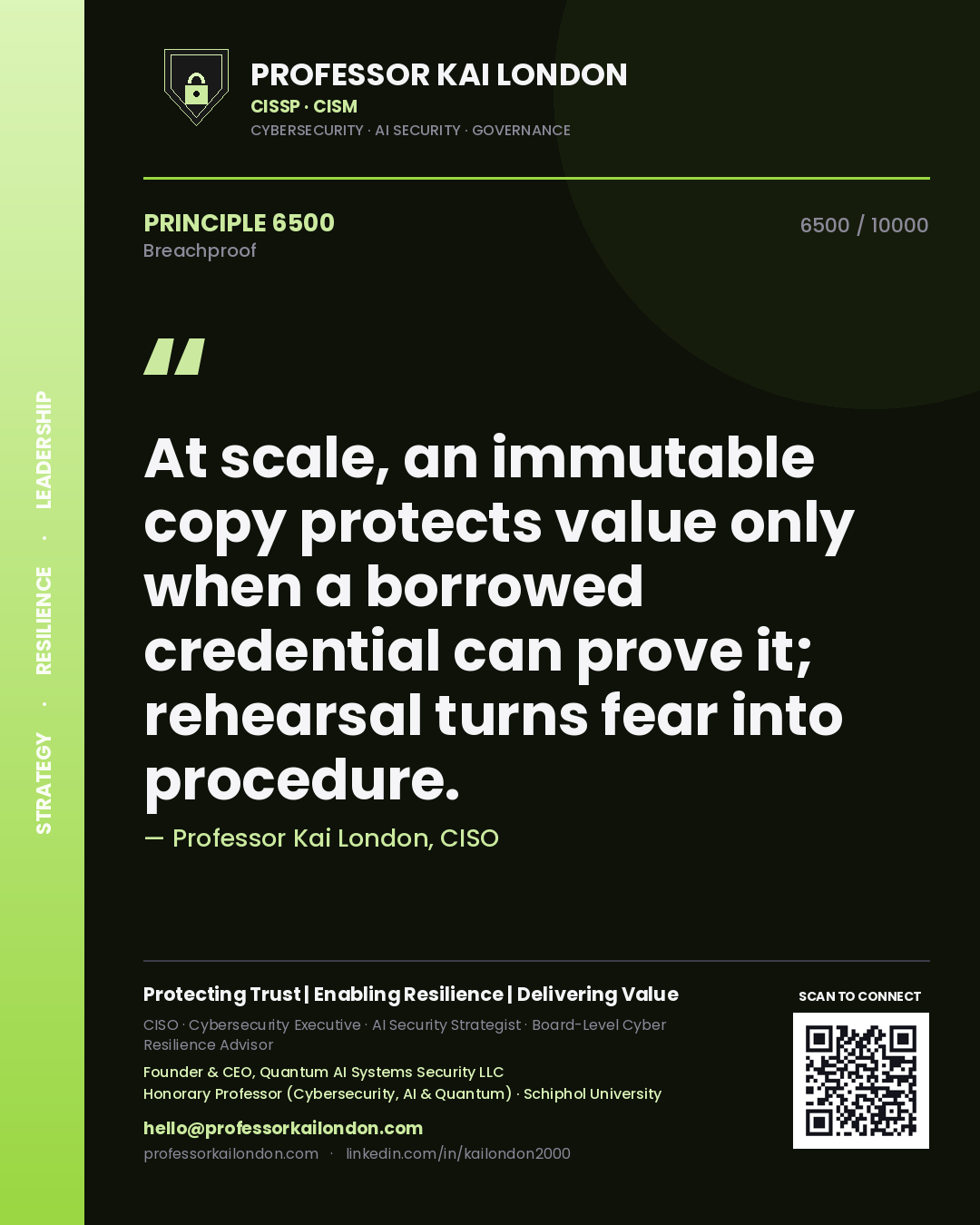 Quote card by Professor Kai London reading 'At scale, an immutable copy protects value only when a borrowed credential can prove it; rehearsal turns fear into procedure.'. From the book Breachproof.