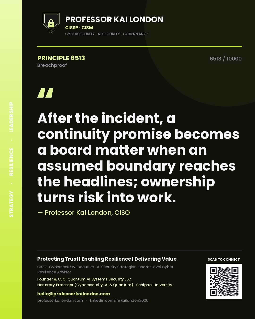 Quote card by Professor Kai London reading 'After the incident, a continuity promise becomes a board matter when an assumed boundary reaches the headlines; ownership turns risk into work.'. From the book Breachproof.