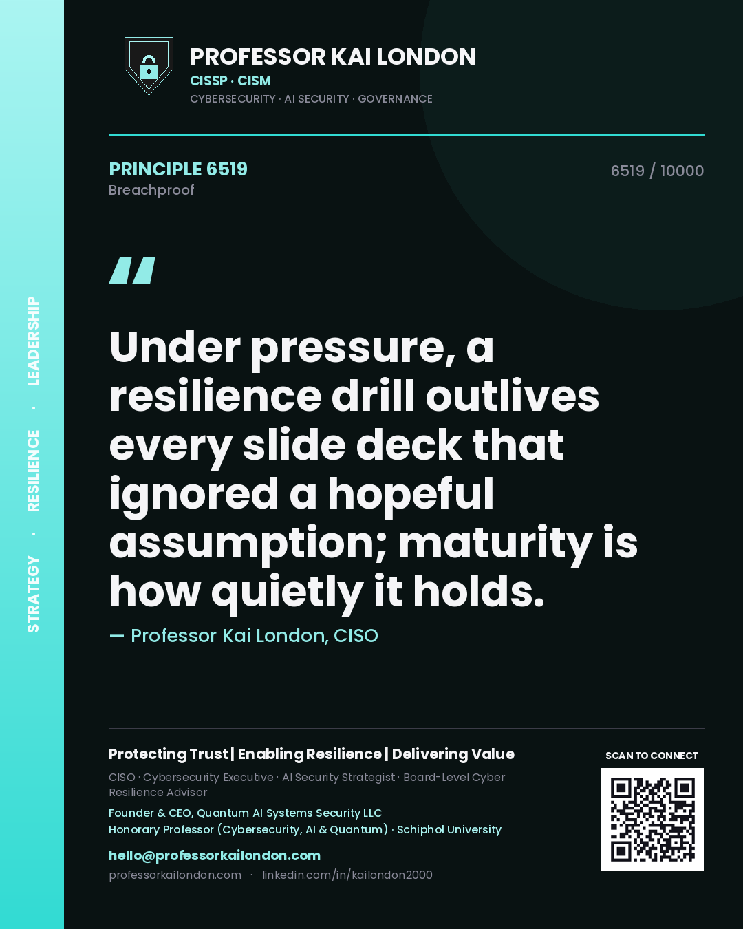 Quote card by Professor Kai London reading 'Under pressure, a resilience drill outlives every slide deck that ignored a hopeful assumption; maturity is how quietly it holds.'. From the book Breachproof.
